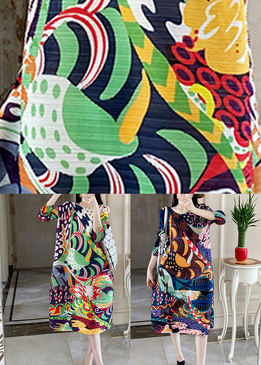 Plus Size Blue Print Long Dress Bracelet Sleeve GH1035