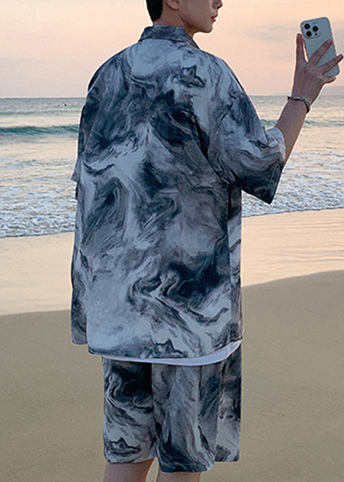 Plus Size Blue Tie Dye Pockets Ice Silk Mens Two Piece Set Summer HG067