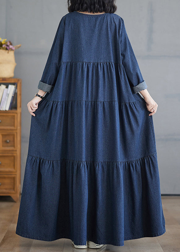 Patchwork Denim Fall Blue Size Long Dresses Plus O-Neck Wrinkled