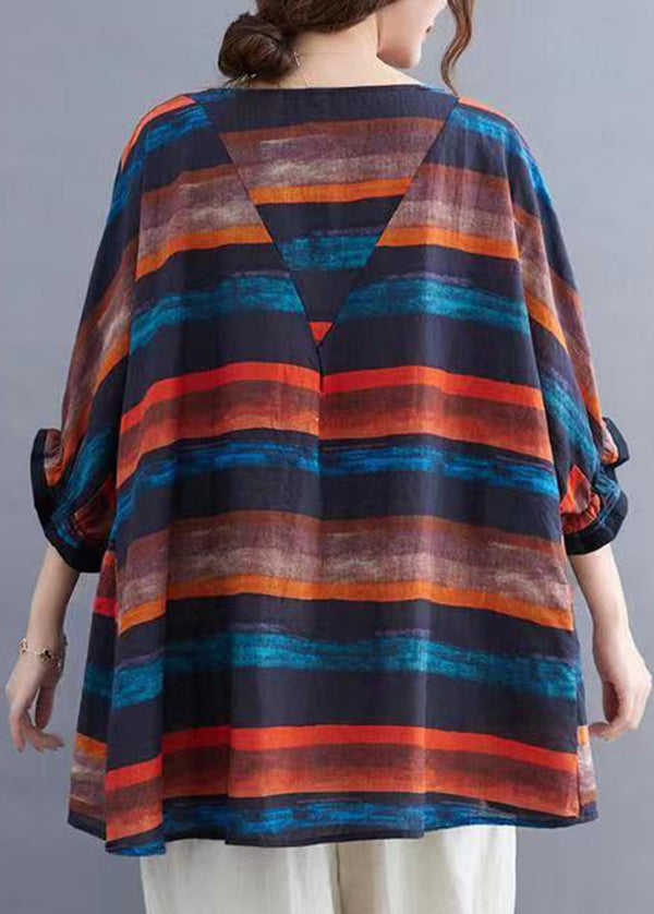 Plus Size Orange O Neck Striped Cotton Top Batwing Sleeve BV085