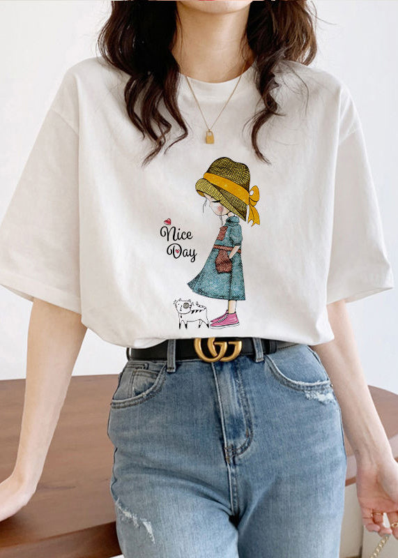 Plus Size White O Neck Print Cotton T Shirt Short Sleeve GH1060