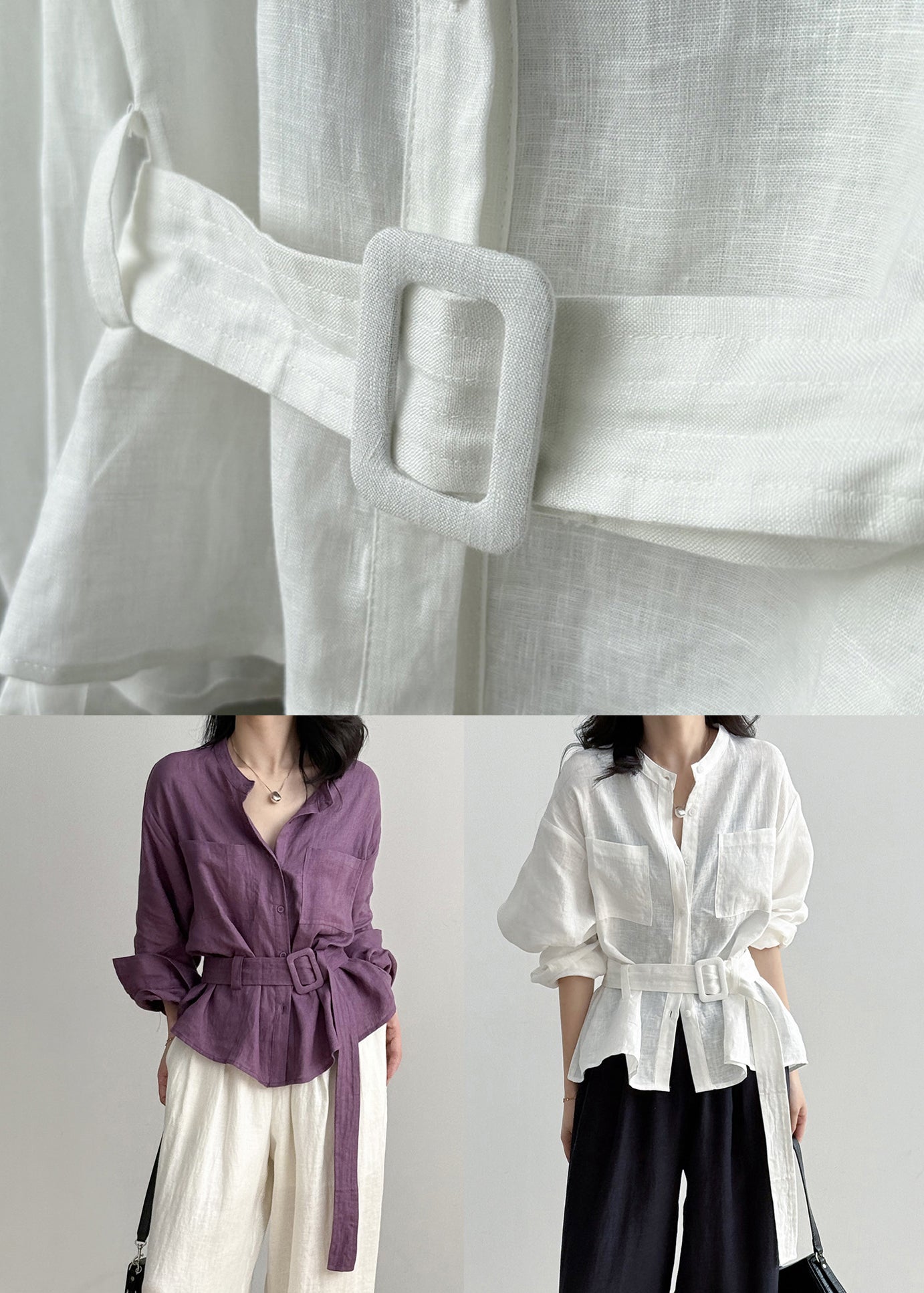 Purple Top O Neck Linen Button Pockets Shirt