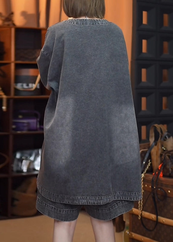 Retro Denim Open Black Side Tops Fall Patchwork