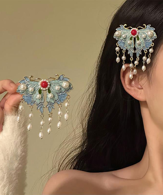 Hairpin Tassel Alloy Retro Blue Pearl Enameling Butterfly