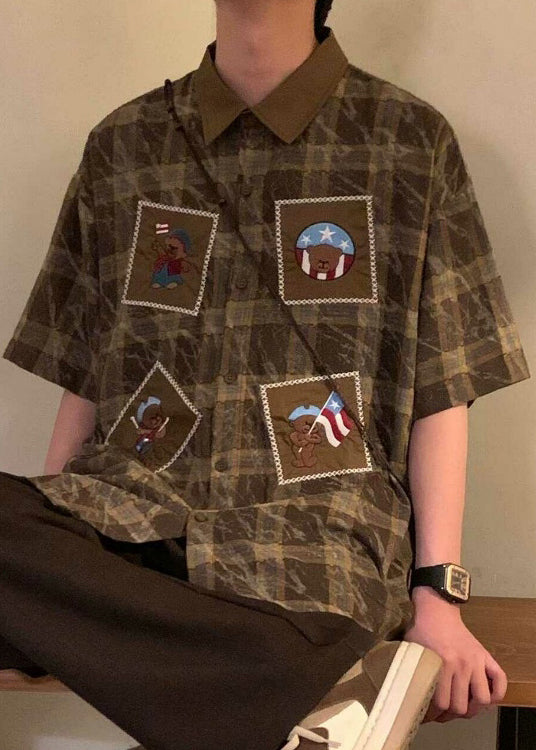 Oversized Mens Cotton Summer Shirts Plaid Blue Button Retro