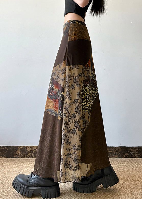 Summer Tulle High Skirt Print Waist Brown Retro Patchwork