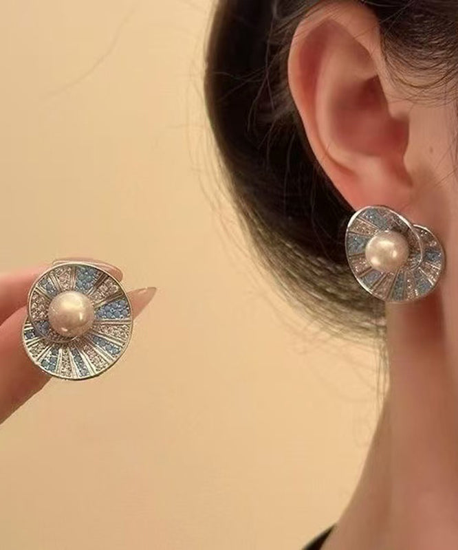 Zircon Shell Retro Pearl Copper Stud Colorblock Overgild Earrings