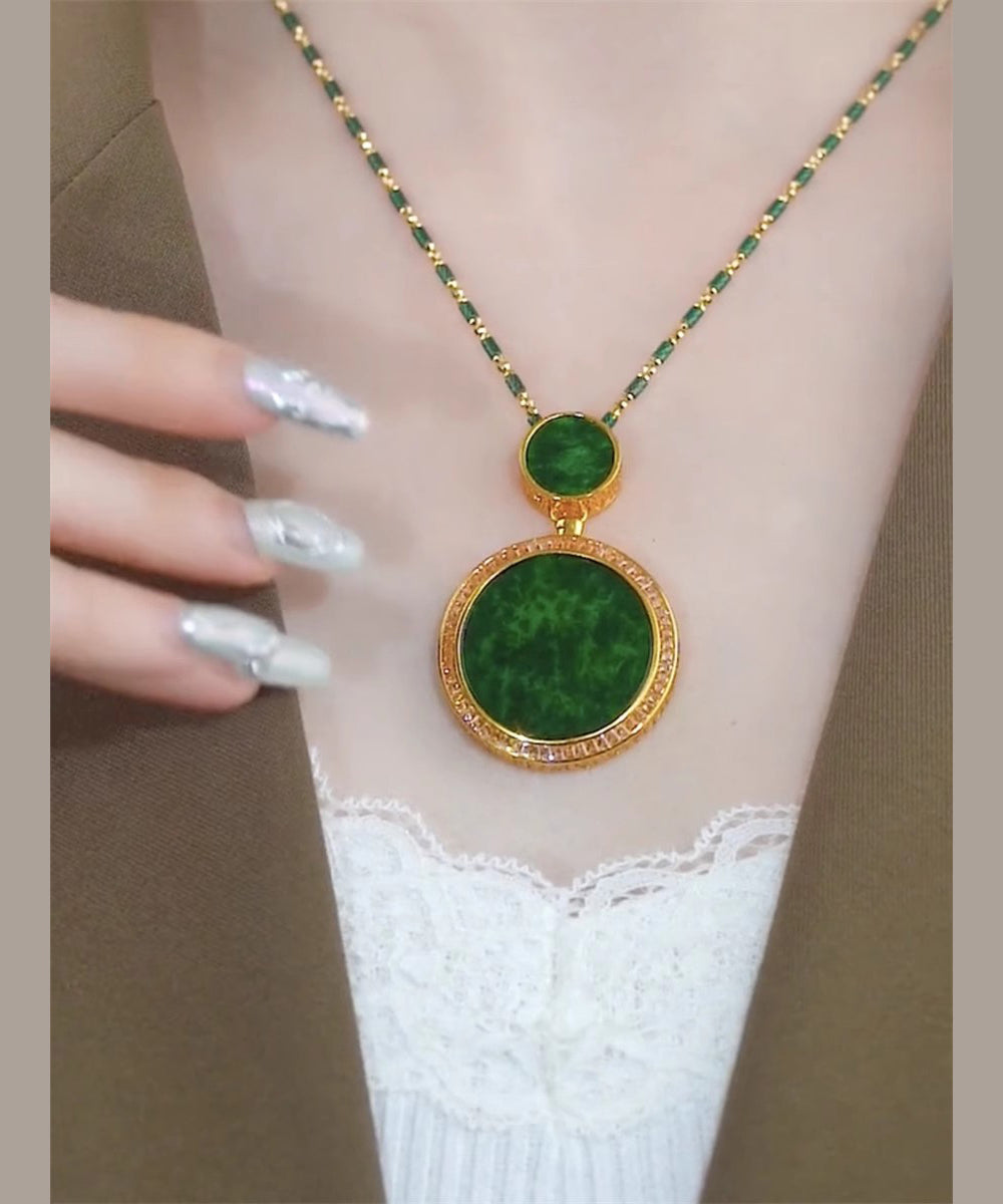 Retro Green Sterling Silver Overgild Inlaid Jade Ping Buckle Pendant Necklace YA050