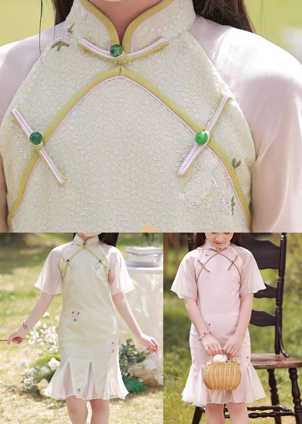 Dress Long Patchwork Kids Light Green Ruffled Print Summer Retro