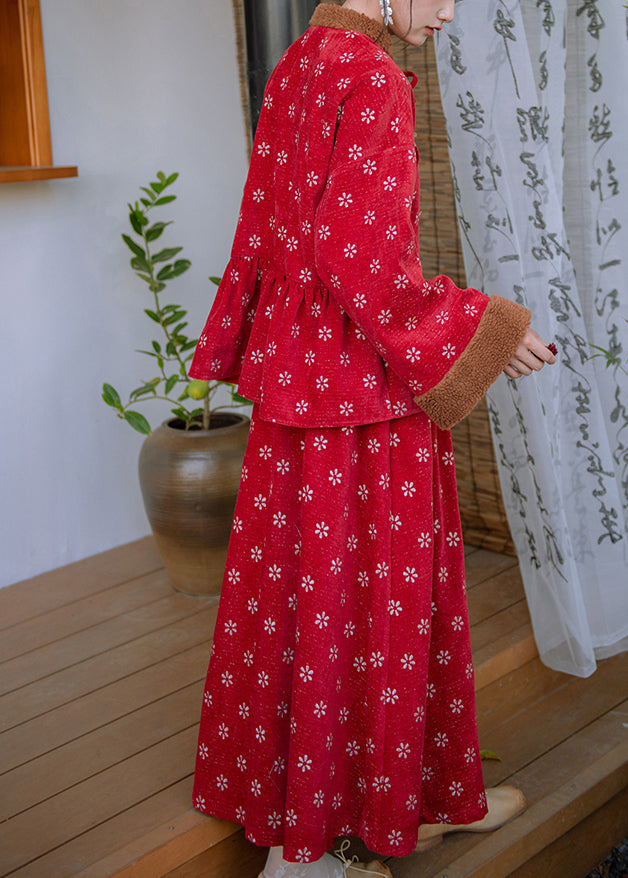 Retro Red Embroidered Patchwork Warm Fleece Sets 2 Pieces Spring TQ010