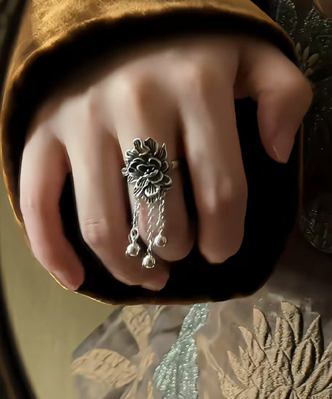 Peony Tassel Sterling Silk Retro Rings Silver