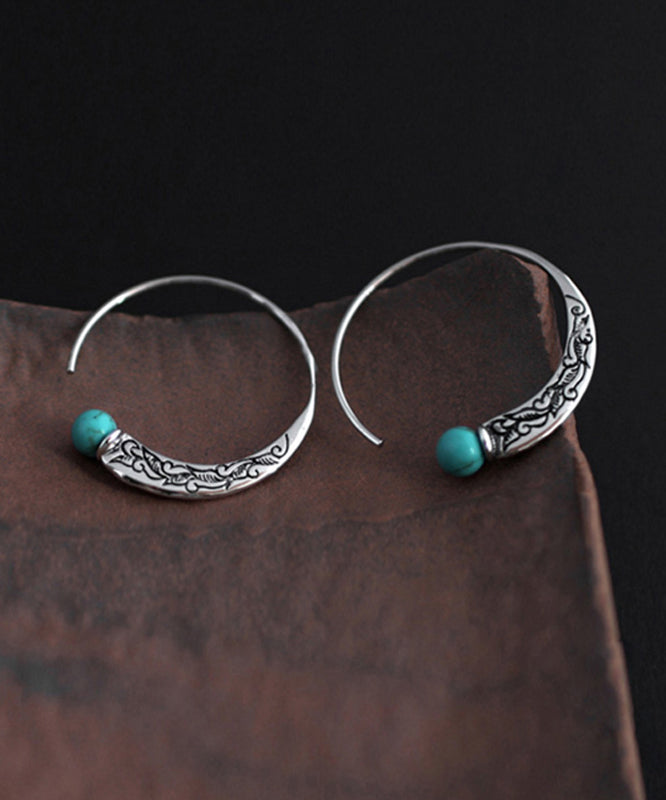 Retro Silk Sterling Silver Turquoise Hoop Earrings TX024