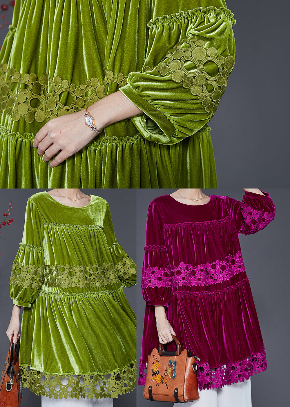 Rose Patchwork Lace Silk Velvet Dress Oversized Lantern Sleeve SD1066