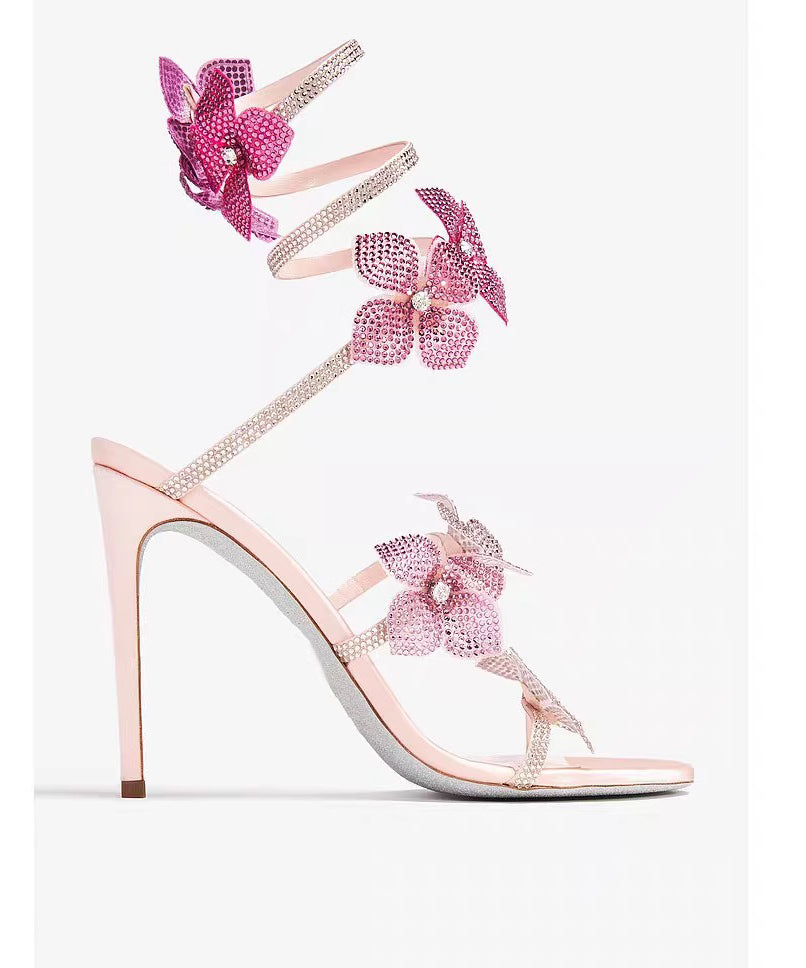 Faux Floral Splicing Zircon Sandals Boutique Stiletto Leather