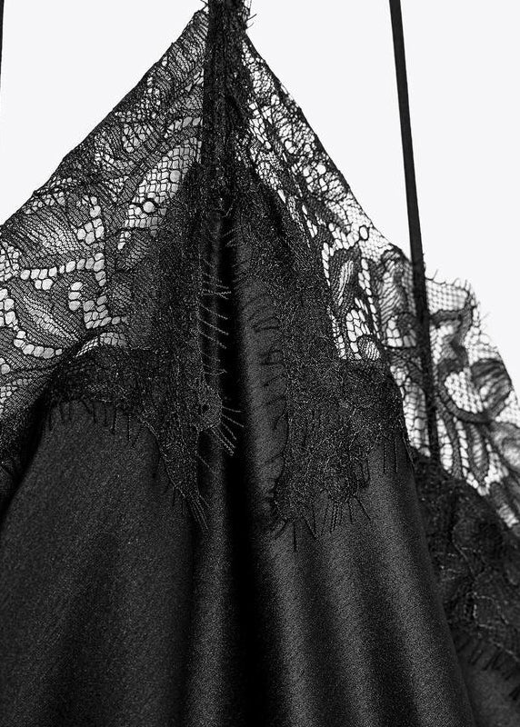 Black Patchwork Dresses Lace Asymmetrical Sleeveless Sexy Silk