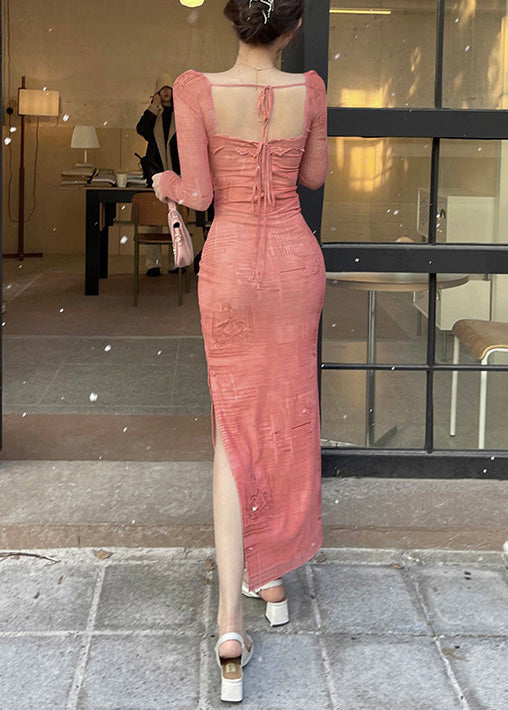 Sexy Pink Square Collar Side Open Cotton Long Dress Spring YT008