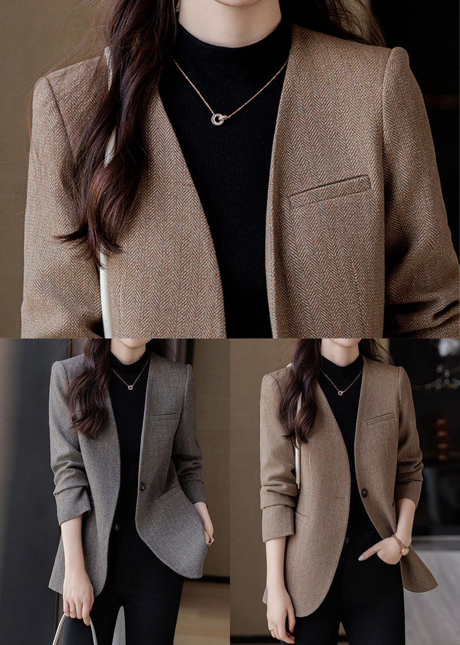 Silm Fit Brown V Neck Woolen Jacket Spring YJ015
