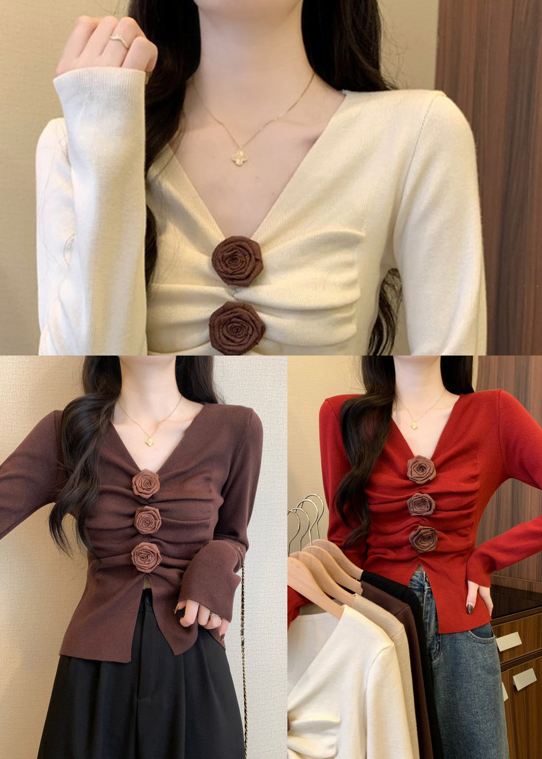 Silm Fit White V Neck Floral Knit Sweater Spring TM030