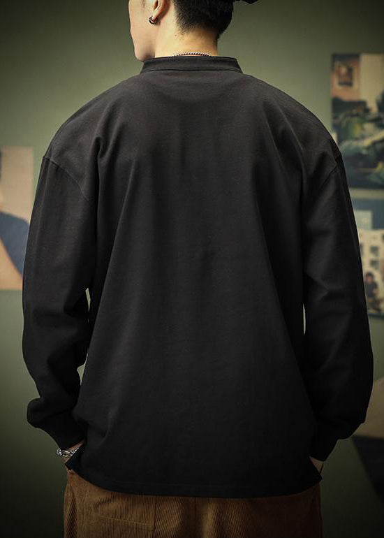 Spring T Men Shirt Cotton Solid Black Button Simple