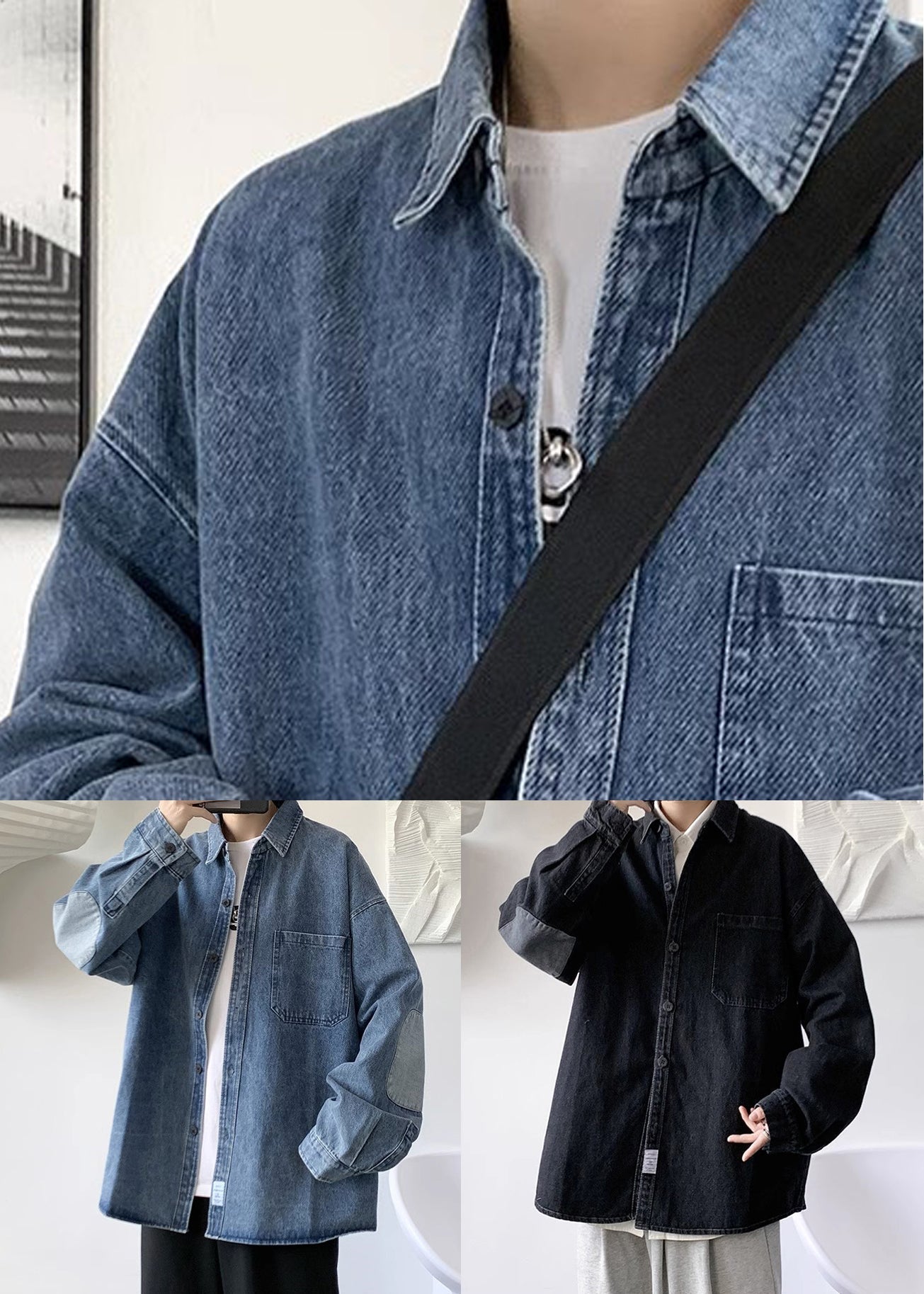 Mens Collar Denim Patchwork Blue Simple Peter Shirts Pan Pockets