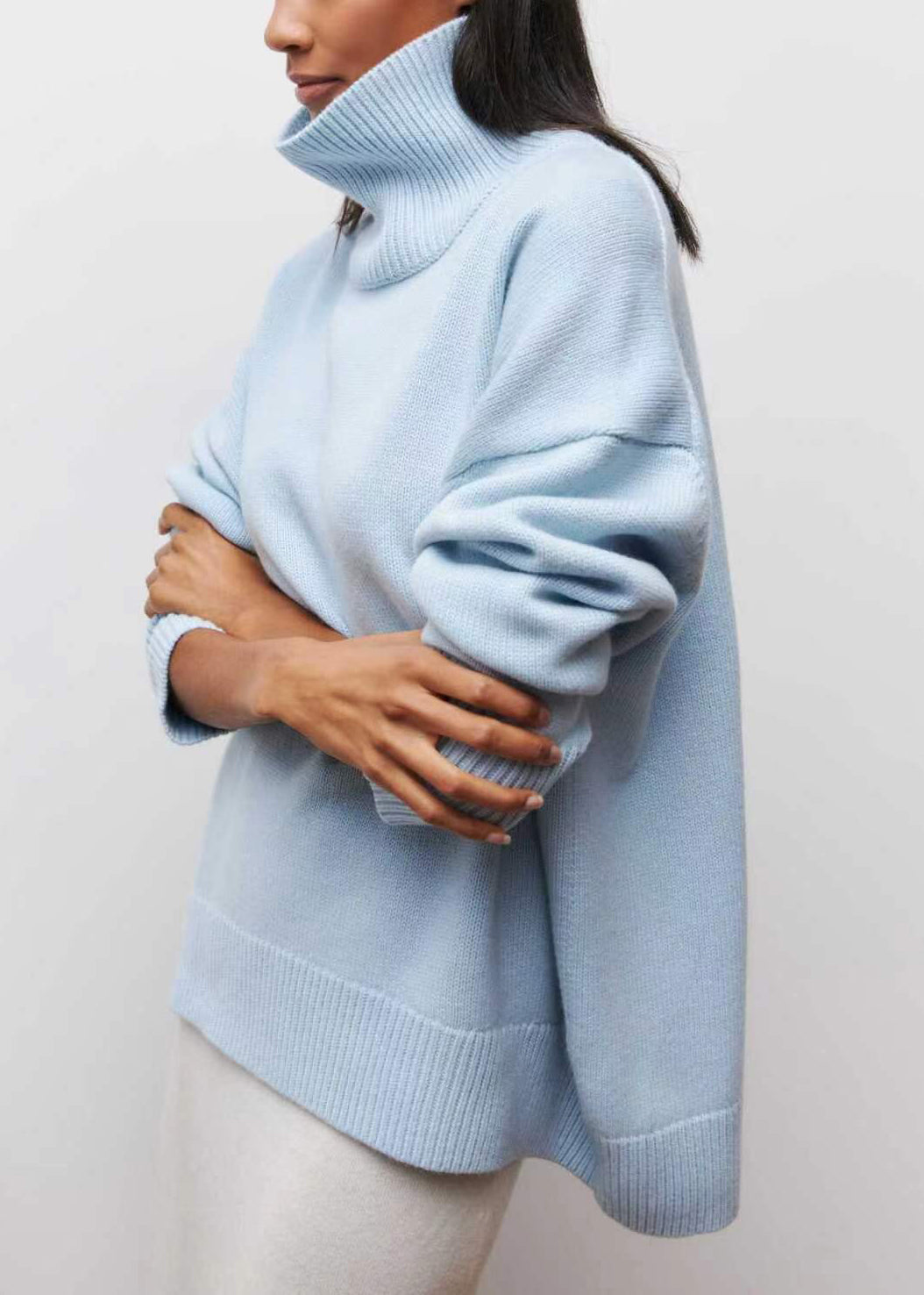 Spring Turtleneck Simple Blue Solid Knit Sweaters