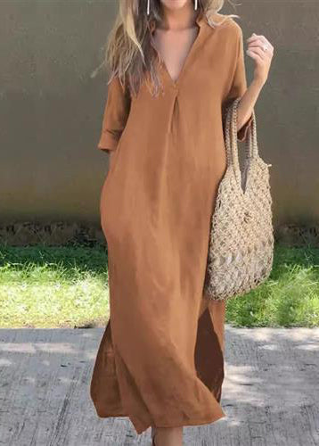 Dress Simple Linen Summer Blue V Side Open Neck Long