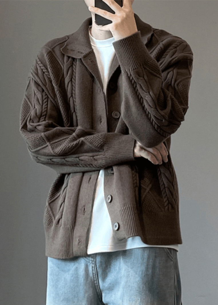 Button Coffee Cozy Knit Cardigan Simple Spring Cable Mens
