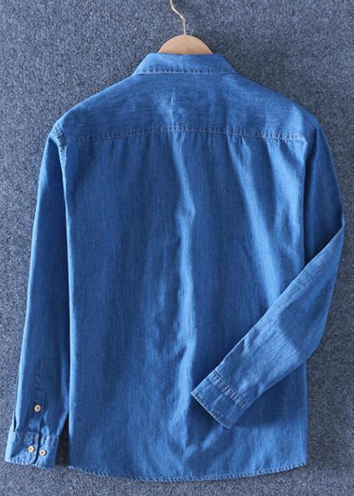 Collar Denim Peter Blue Pan Men Dark Solid Pockets Shirts Simple