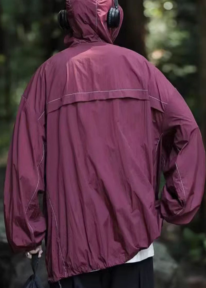 UPF 50+ Simple Coat Grey Hooded Pockets Summer Drawstring Mens