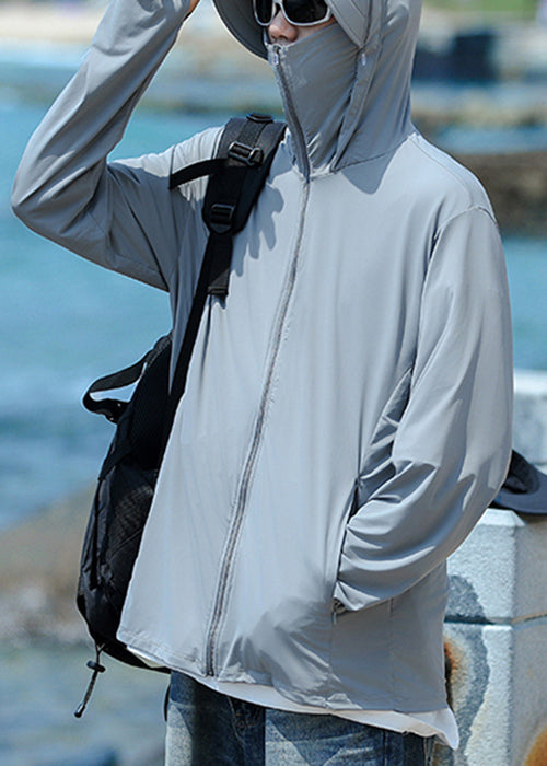 Hooded Coat Men Pockets 50+ Zippered Grey Summer Simple UPF