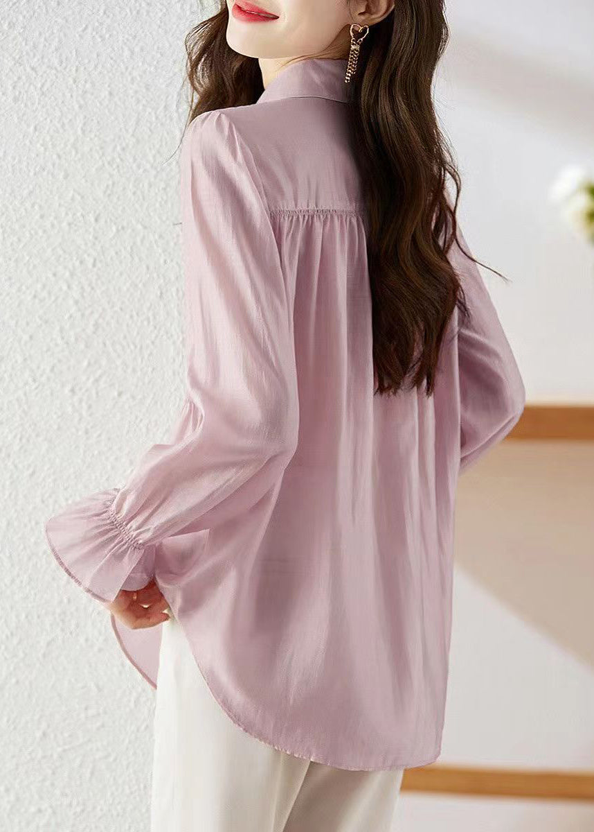 Simple Light Purple Peter Pan Collar Wrinkled Patchwork Button Silk Shirts Long Sleeve WW006