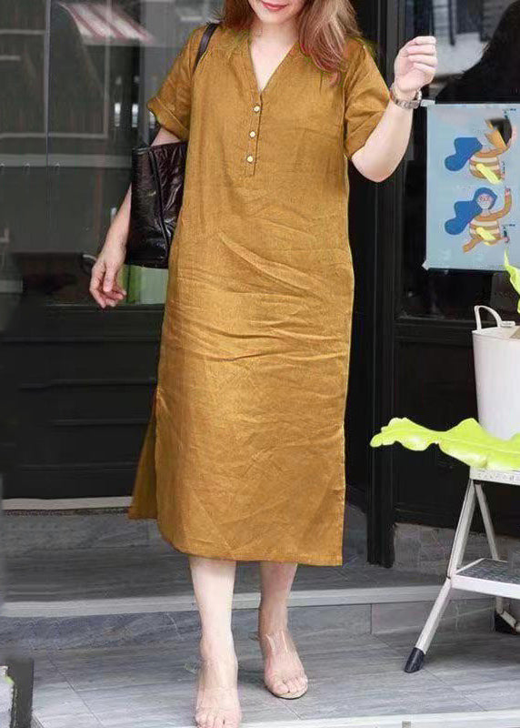 Simple Red V Neck Patchwork Side Open Long Dresses Summer VB1027