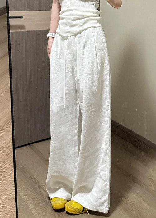 White Pockets Elastic Waist Pants Simple Fall Linen