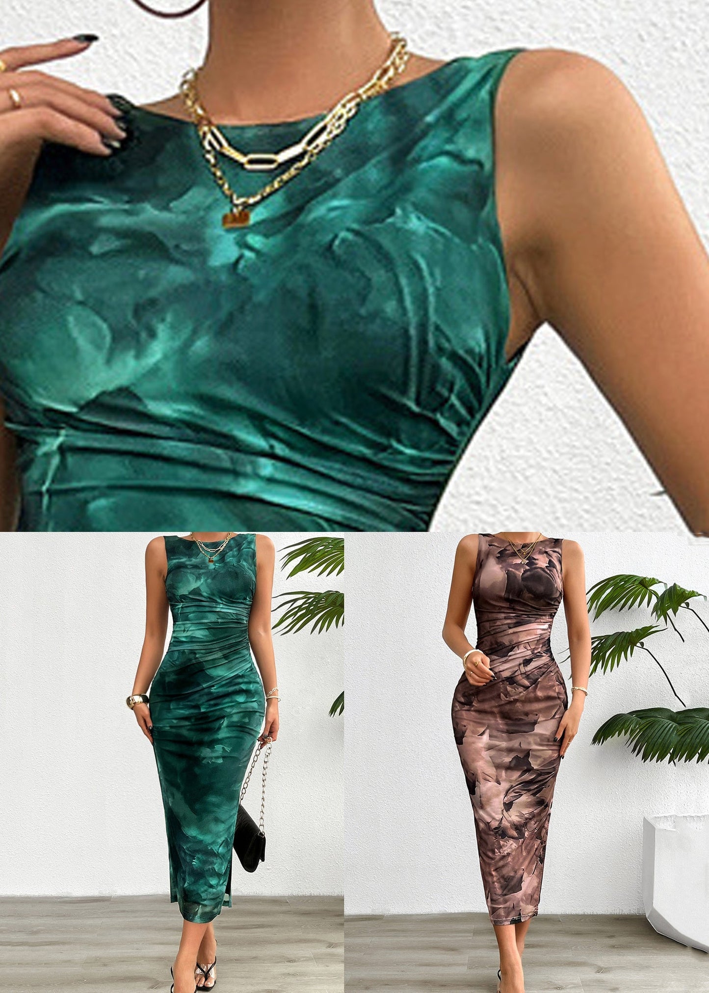 Green Blackish Side Open Long Slim Tulle Print Dress Fit