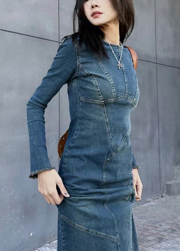Original Back Slim Side Open Blue Dresses Design Long Fit Denim