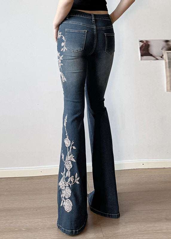 High Denim Embroidered Blue Trousers Waist Flared Slim Fit Summer