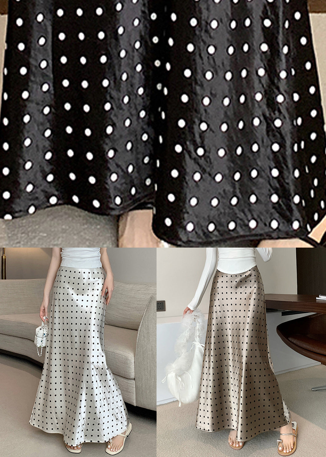 Dot Champagne Color Fall Slim Skirts Waist Fit Silk High