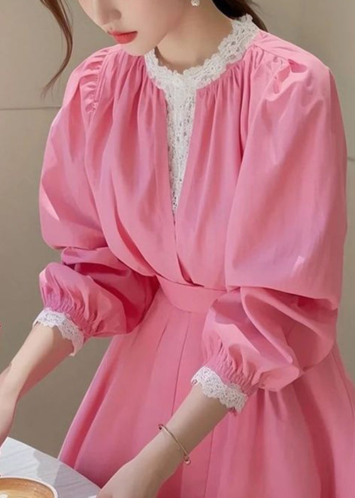 Fit Cotton Blouse Slim Fall Pink Patchwork Lace