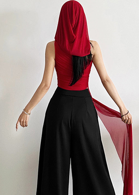 Fit Slim Asymmetrical Shoulder One Shirt Red Sleeveless Tulle