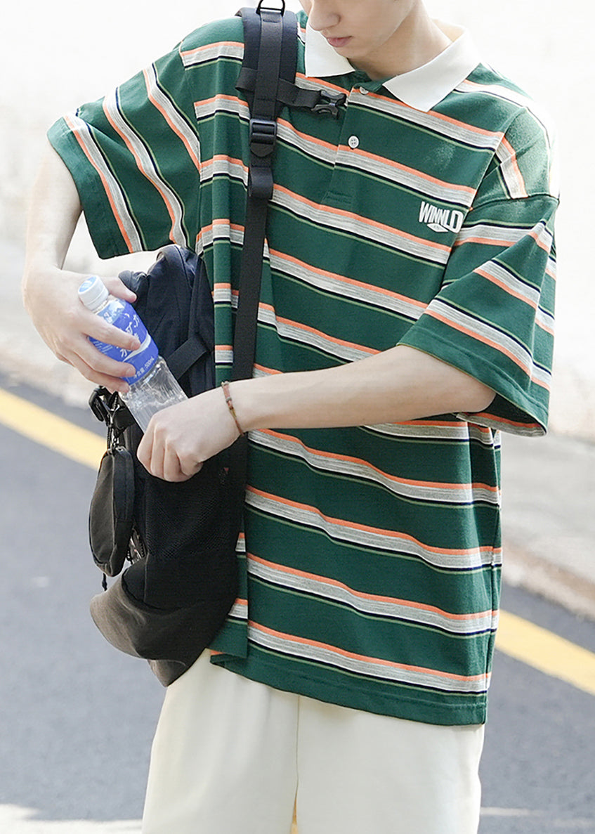 Polo Button Men Green Letter Summer Striped Cotton Shirt