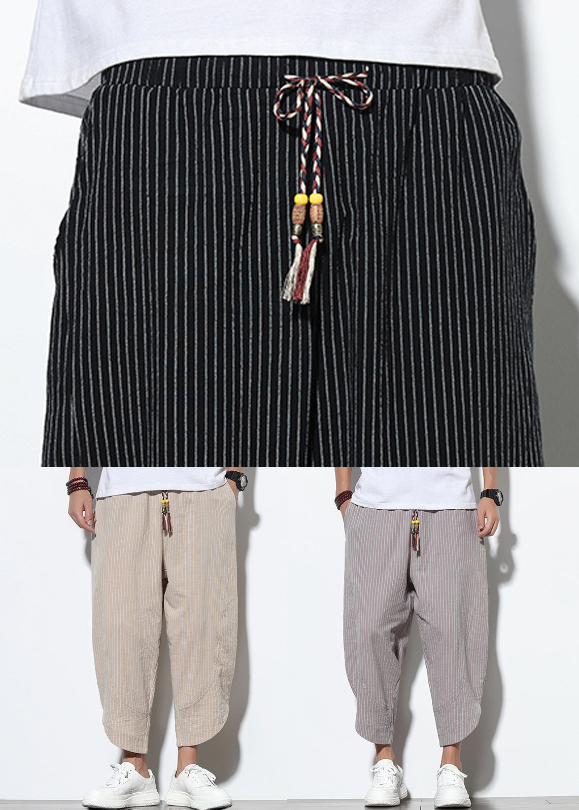 Up Khaki Pants Striped Lace Mens Cotton Crop Pockets Summer