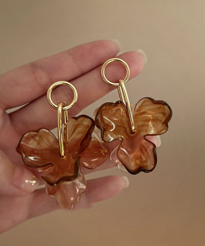 Style Coffee Acrylic Alloy Floral Resi Hoop Earrings YZ013