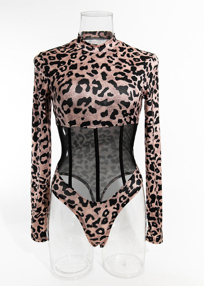 Bodysuit Patchwork Style Turtleneck Tulle Leopard
