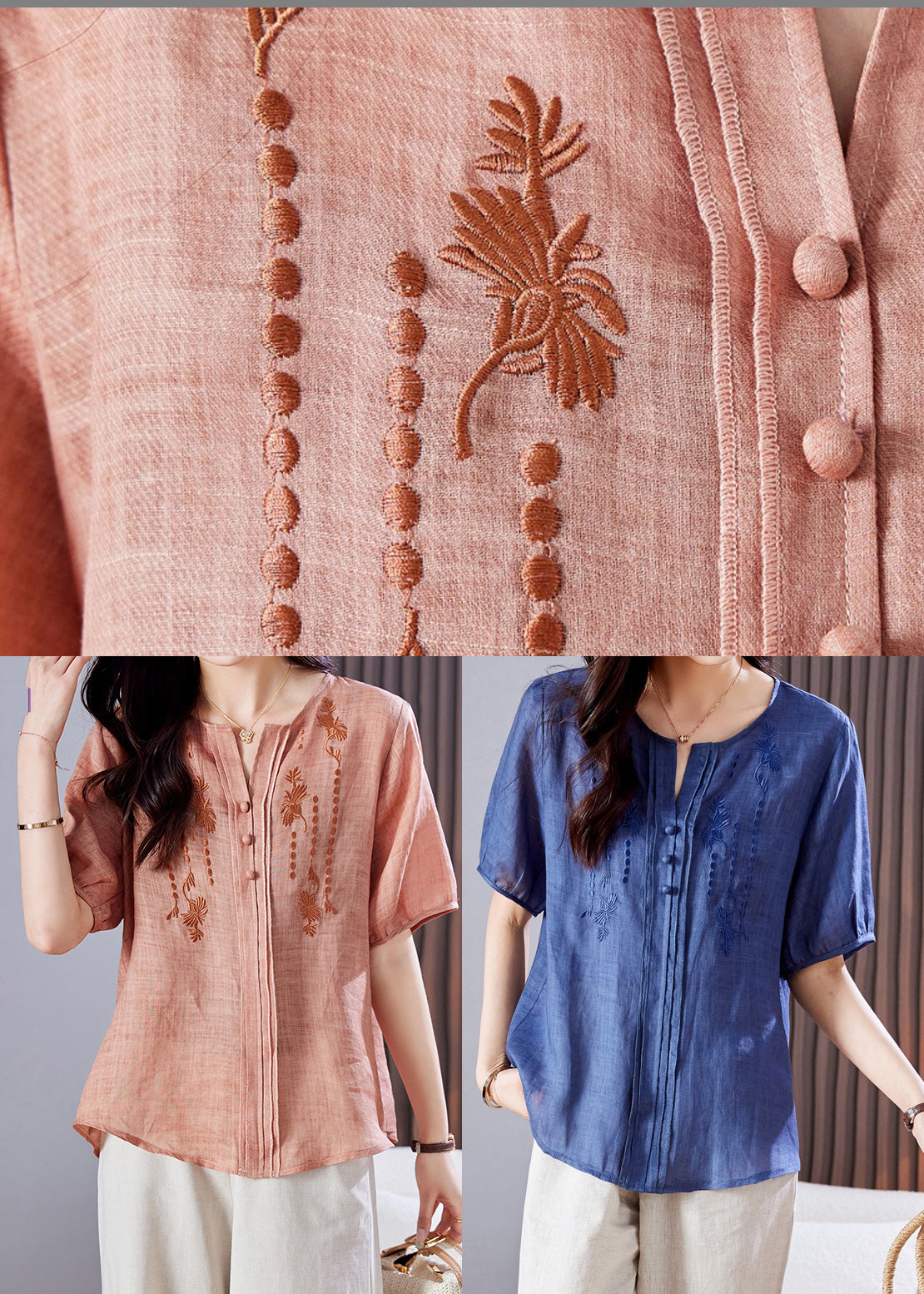 Linen Summer Style Top Shirt Embroidered Pink