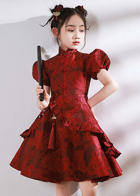 Stand Style Asymmetrical Maxi Kids Red Ruffled Collar Dresses