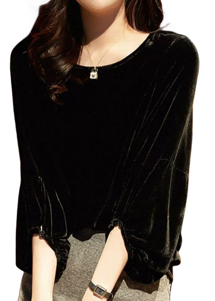 Style Versatile Black O Neck Velour Blouse Top Lantern Sleeve BV073