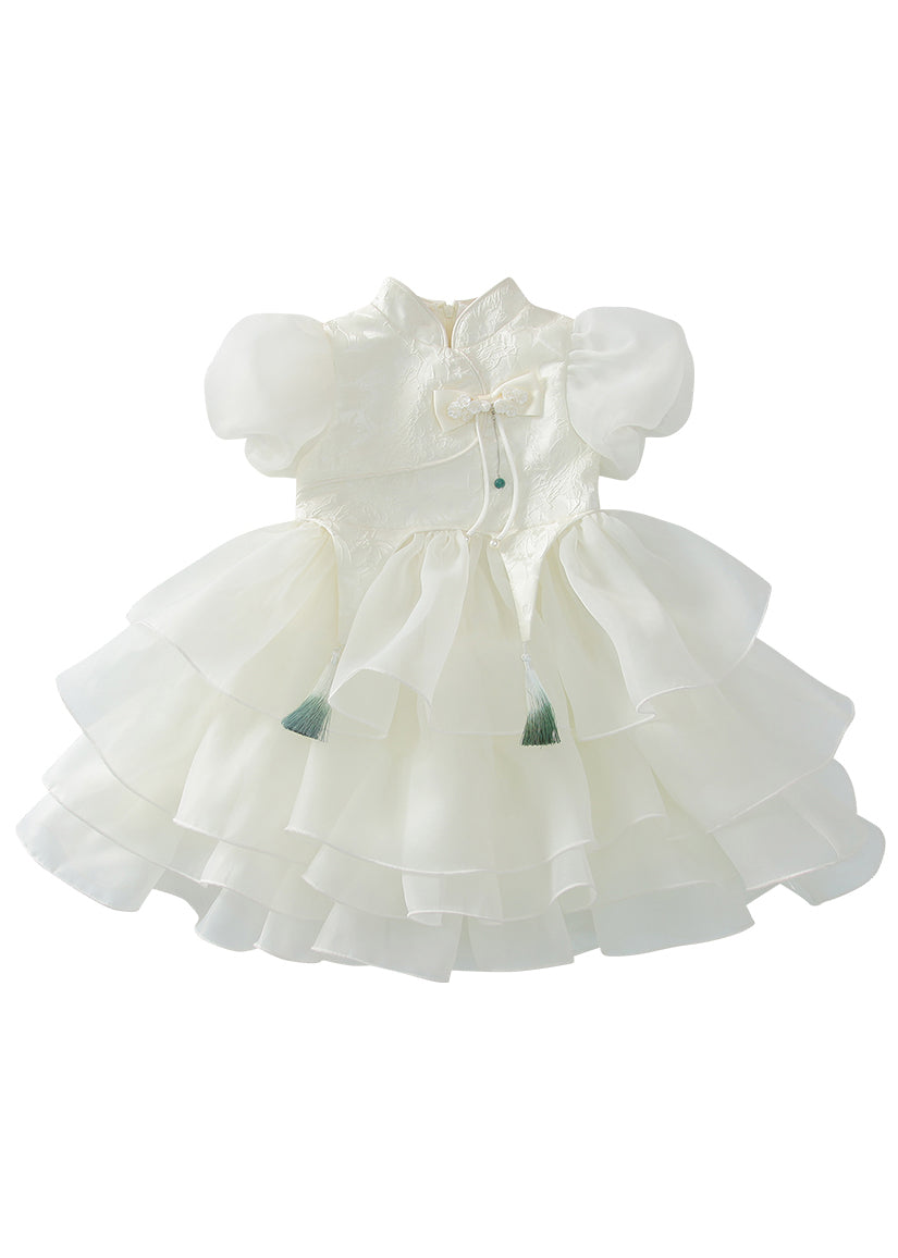 Button Maxi Tassel Style Dress Kids Tulle White Summer
