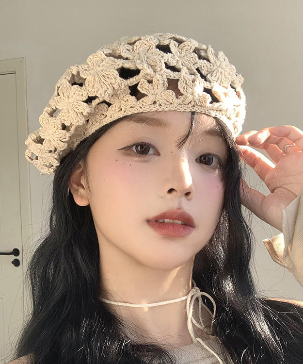 Stylish Beige Hollow Out Floral Knit Beret Hat WB024