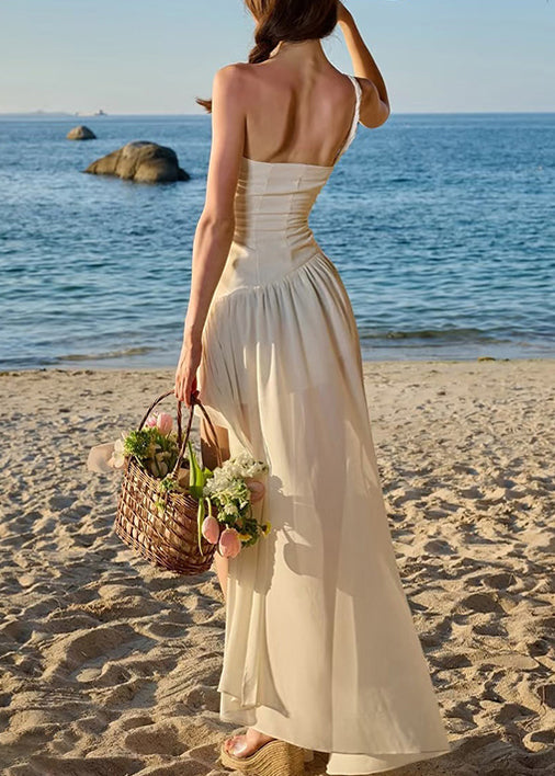 Chiffon Low Design Spaghetti High Strap Beige Stylish Wrinkled