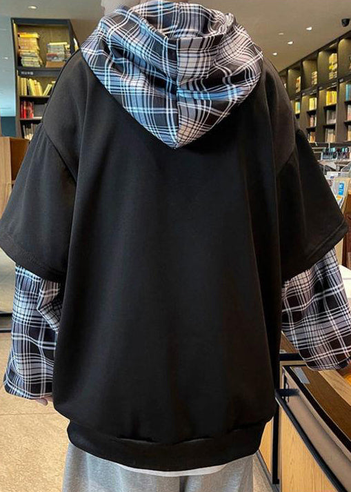 Spring Sweatshirts Patchwork Hooded Stylish Mens Cotton Black